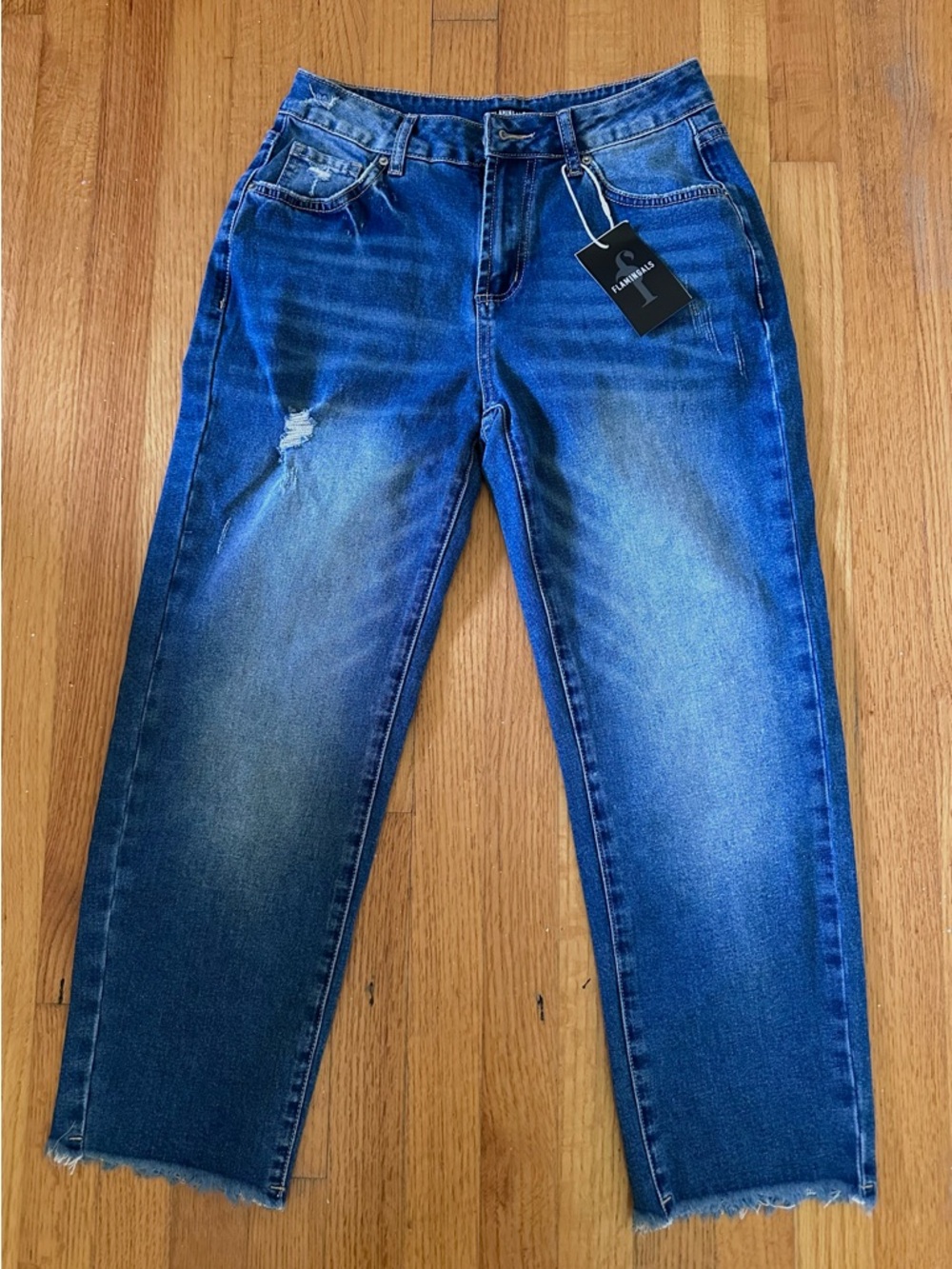 NWT Flamingals High Waisted Distressed Straight Leg Jeans Raw Hem Blue